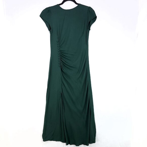 Reformation Frasier Midi Dress 2 Forest Green Leg Slit Short Sleeve Side Button - Picture 2 of 16